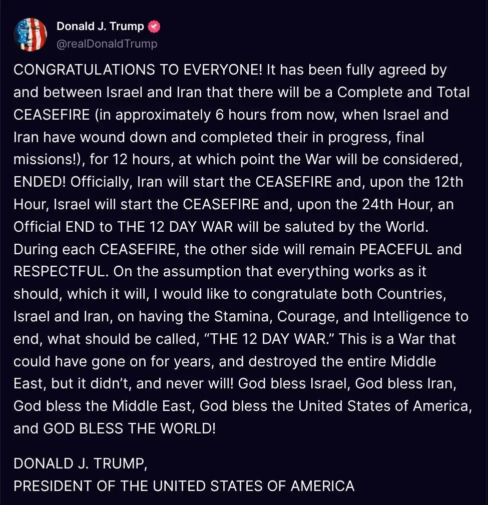 Trump anuncia acordo de cessar-fogo entre Israel e Irã